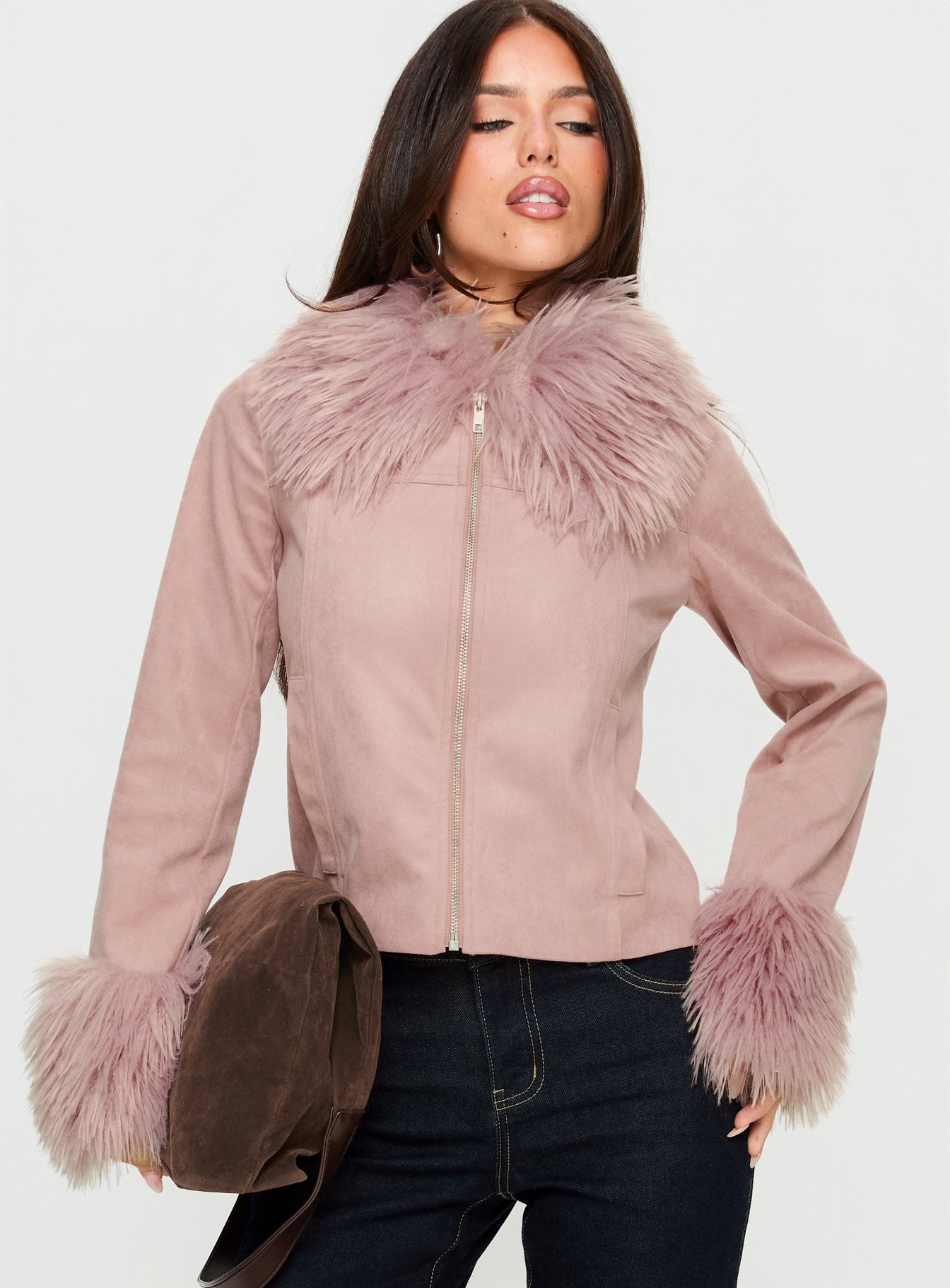 Jeanna Suede Faux Fur Detail Jacket Pink - Image 2