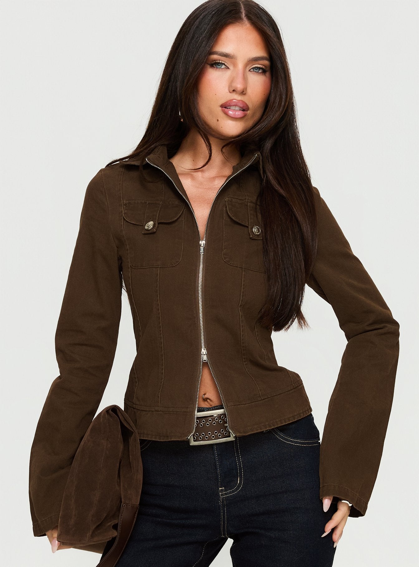 Kelehan Long Sleeve Zip Front Top Stonewashed Brown - Image 2