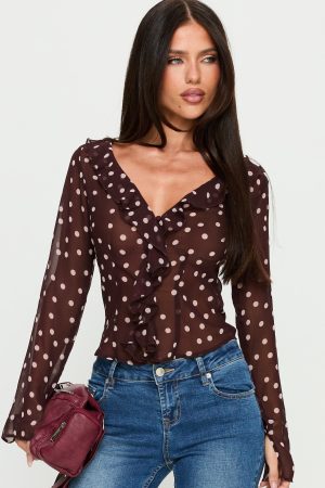 Corazon Sheer Frill Long Sleeve Top Burgundy Polka