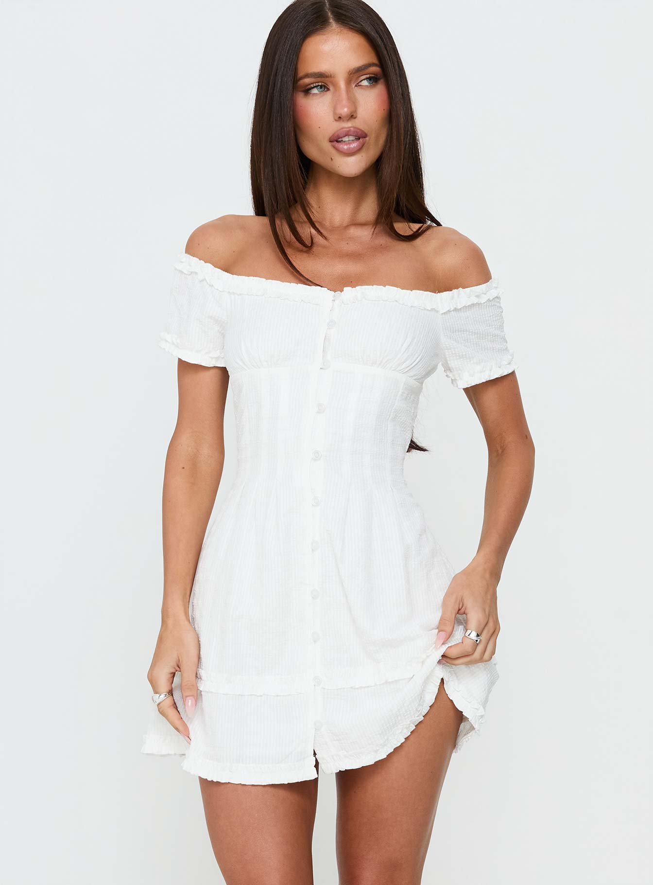 Zoela Off Shoulder Ruffle Mini Dress White - Image 2
