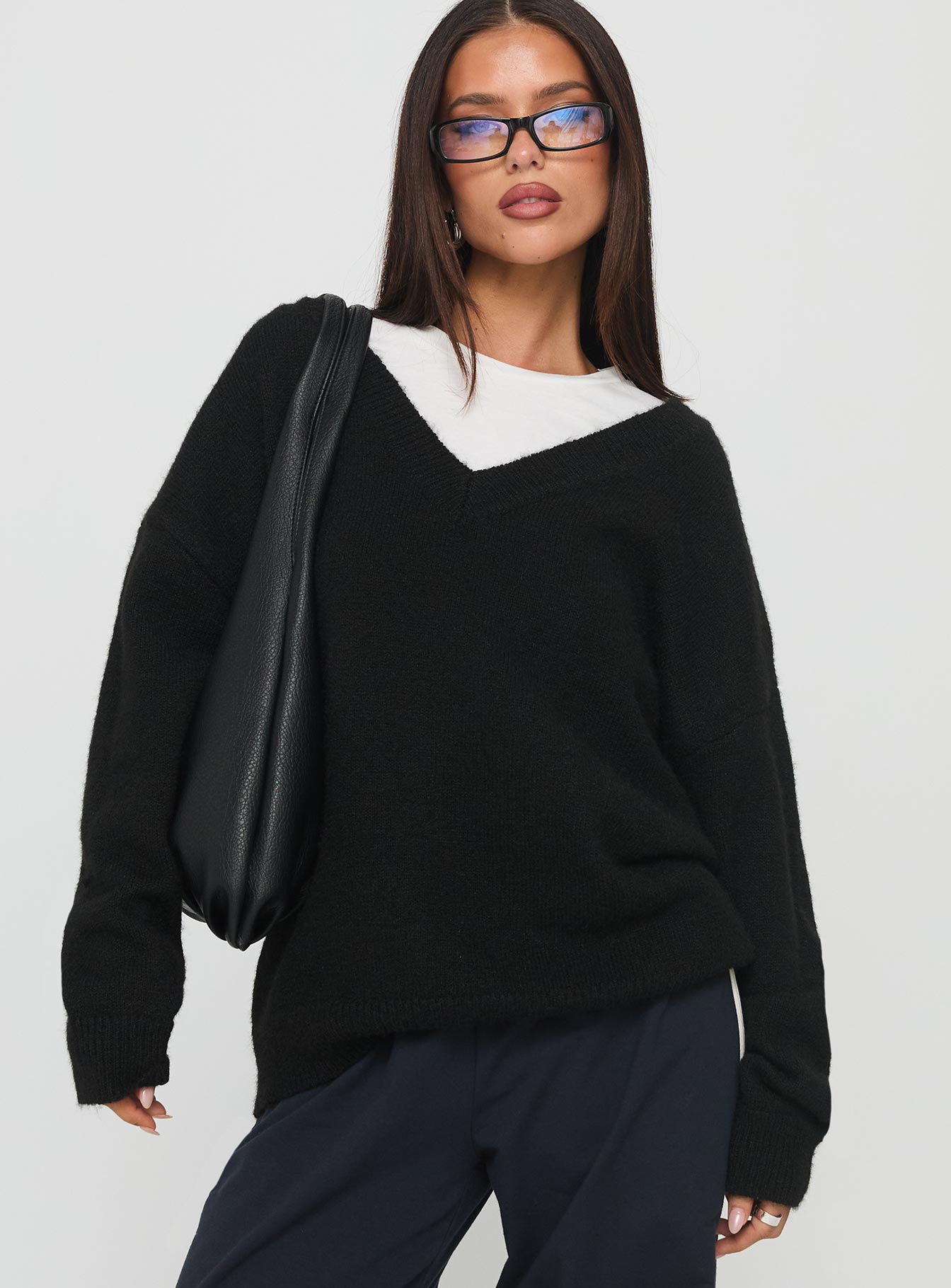 Stay The Night V Neck Knit Sweater Black - Image 2