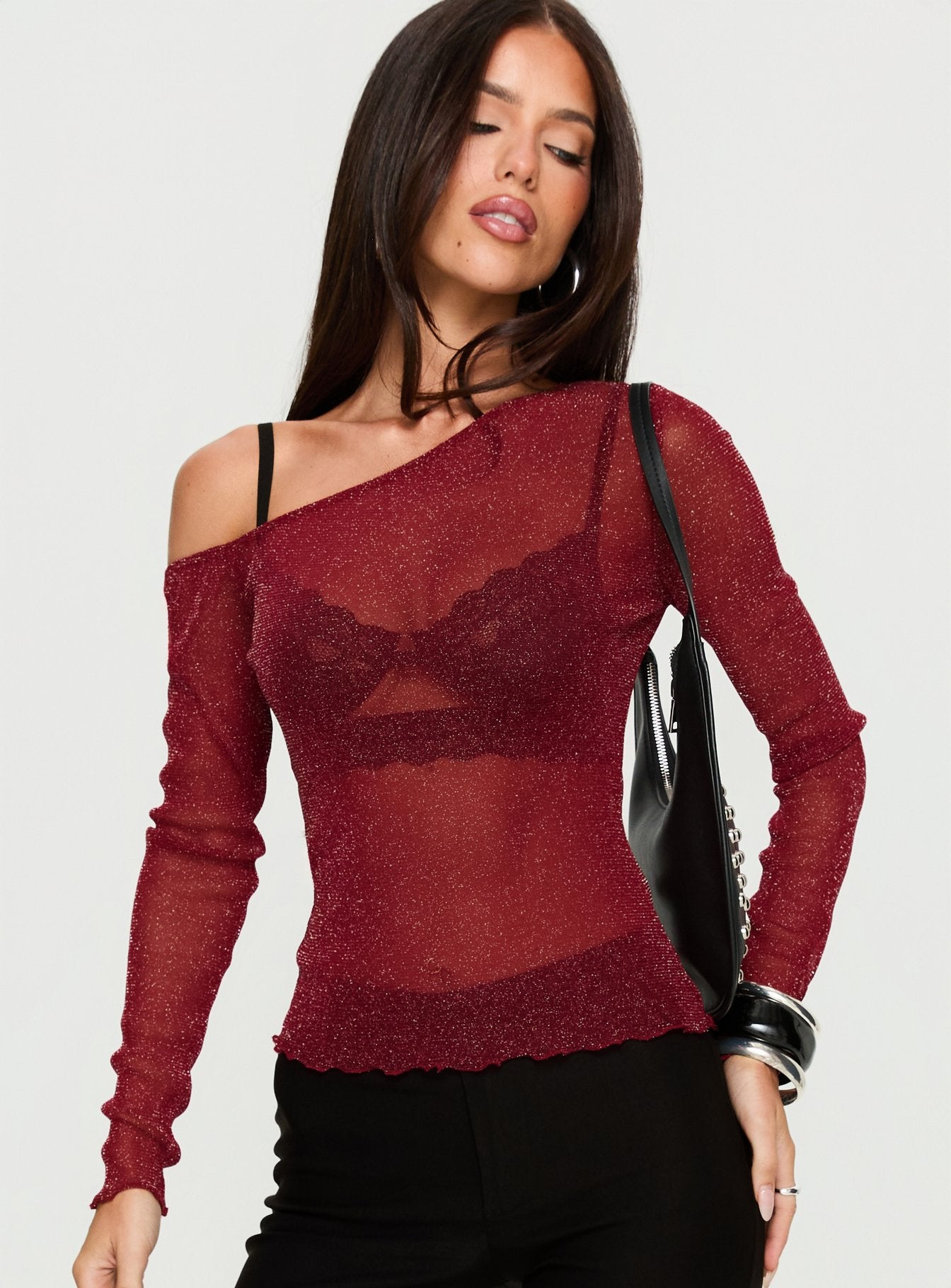 Zondra Sheer One Shoulder Top Burgundy Shimmer - Image 2