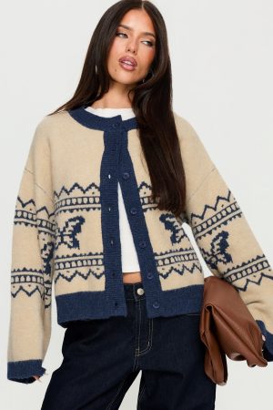 Wynoni Alpine Knit Cardigan Beige / Navy