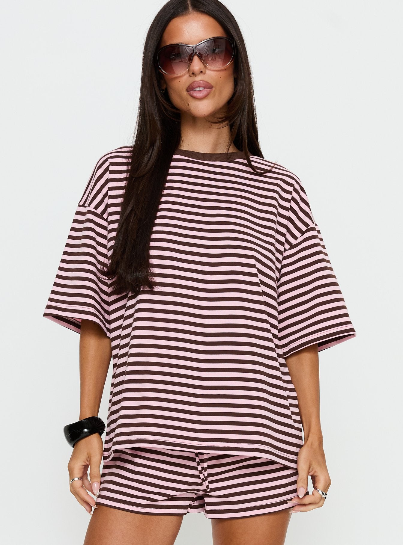 Settle Down Short Sleeve Top Pink / Brown Stripe - Image 3