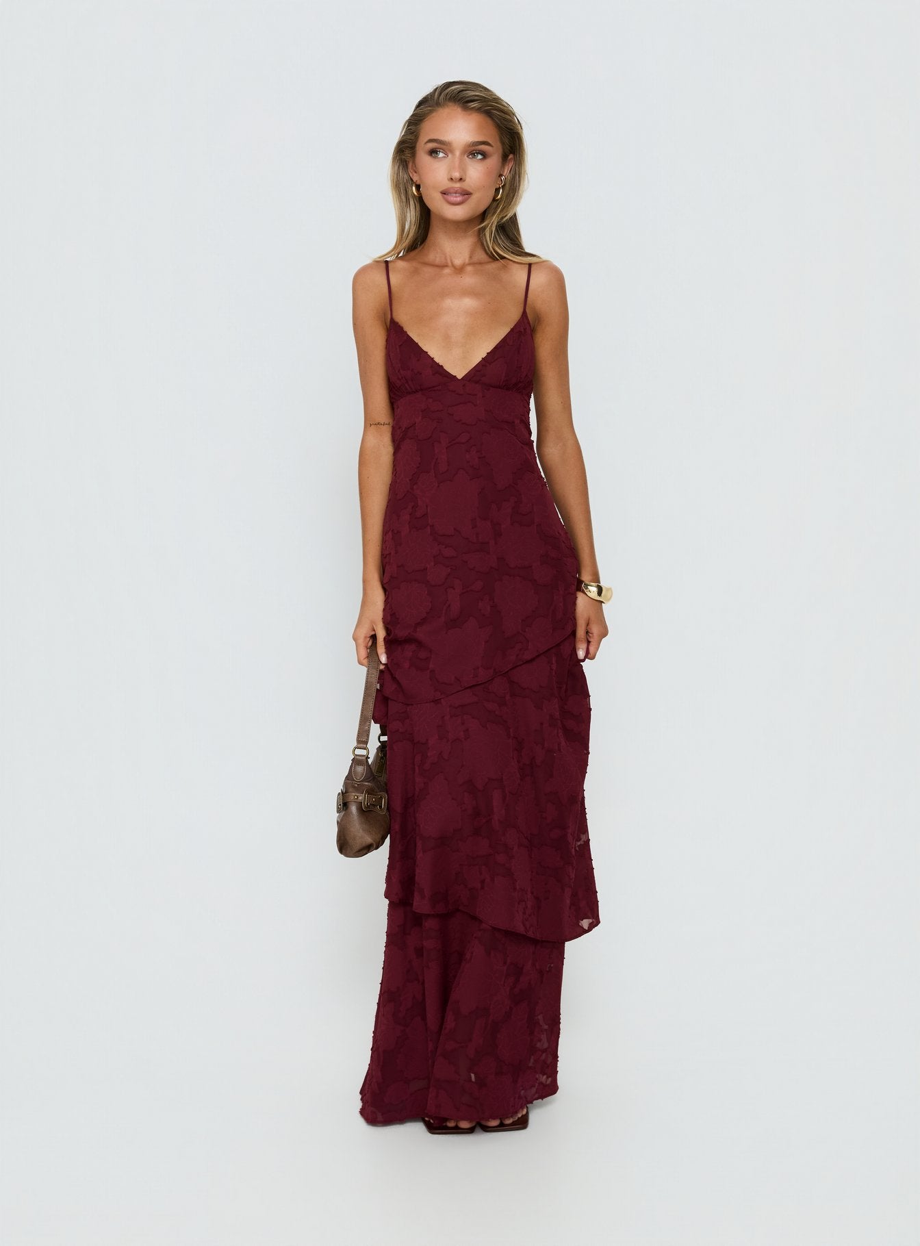 Lyricah Tiered Tie Back Maxi Dress Burgundy - Image 2