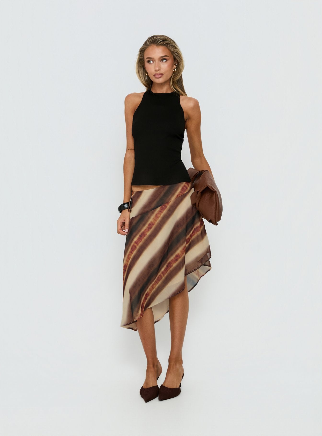 Esmira Asymmetrical Midi Skirt Brown Stripe - Image 2