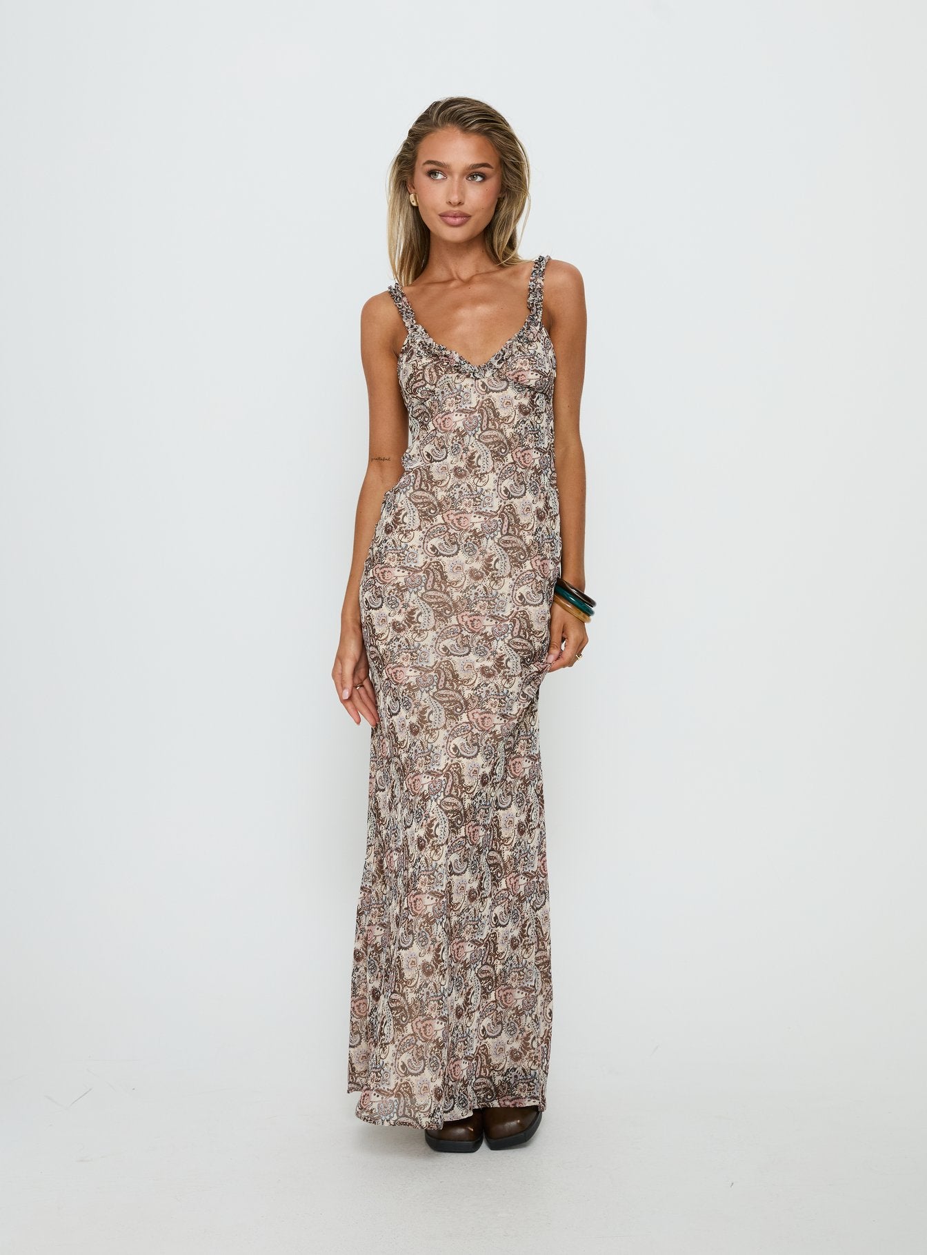 Baley Bias Cut Frill Maxi Dress Paisley - Image 2