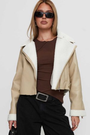 Shearling Trim Faux Leather Jacket Beige