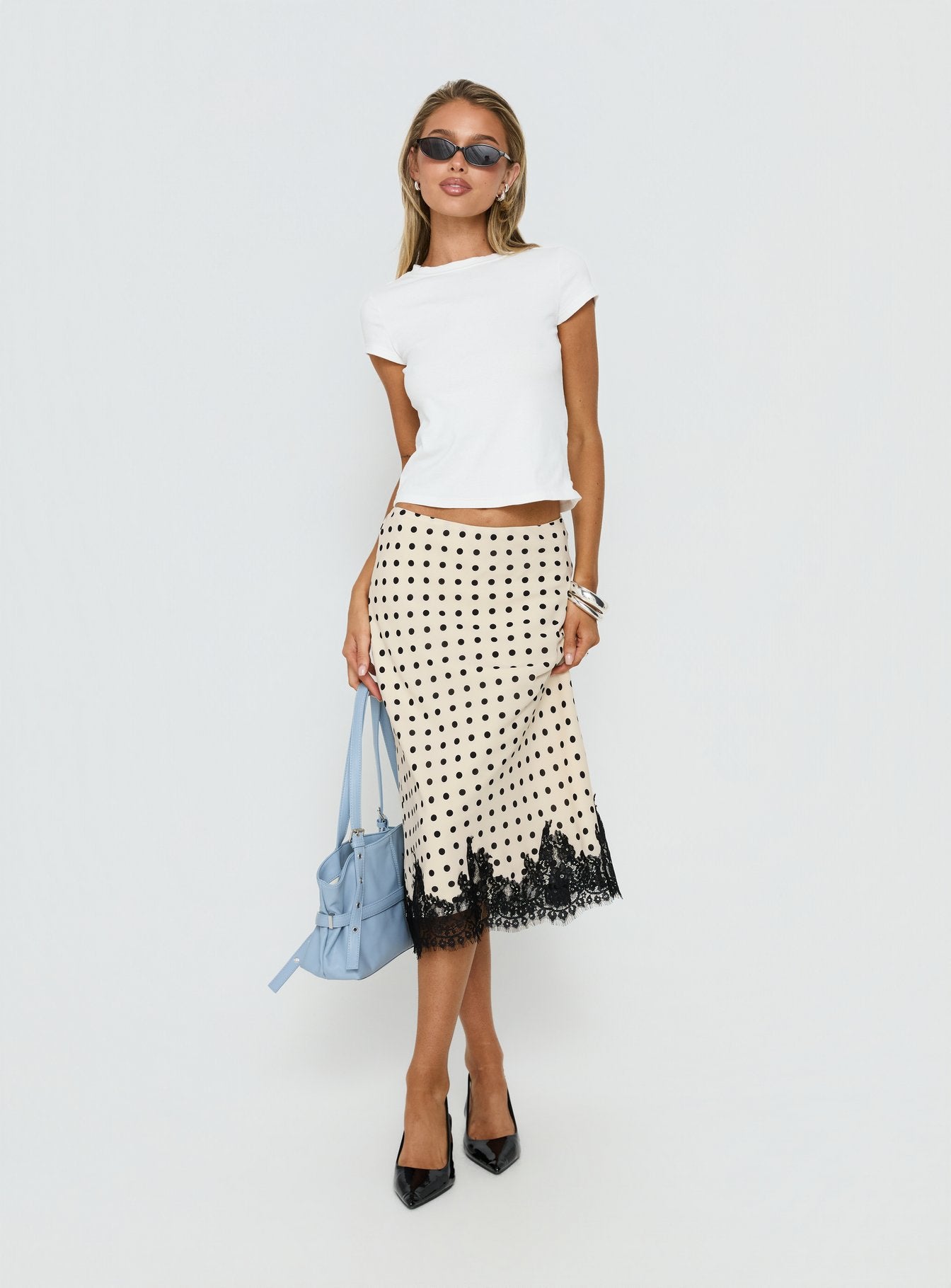 Downtown Scene Lace Trim Maxi Skirt Cream Polka - Image 2