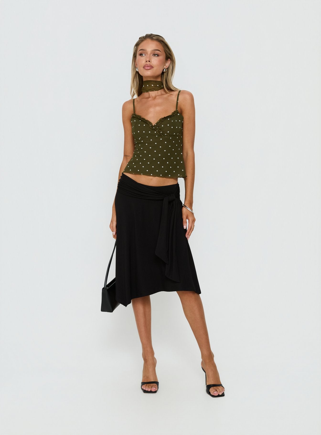 Mishy Scarf Detail Cami Top Olive Polka - Image 2
