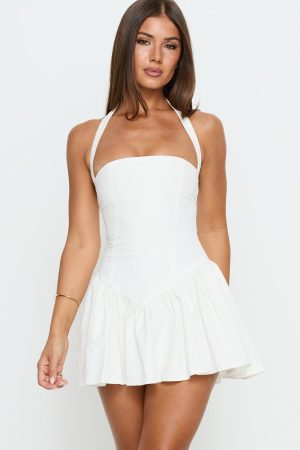 Esatora Halter Flare Mini Dress White