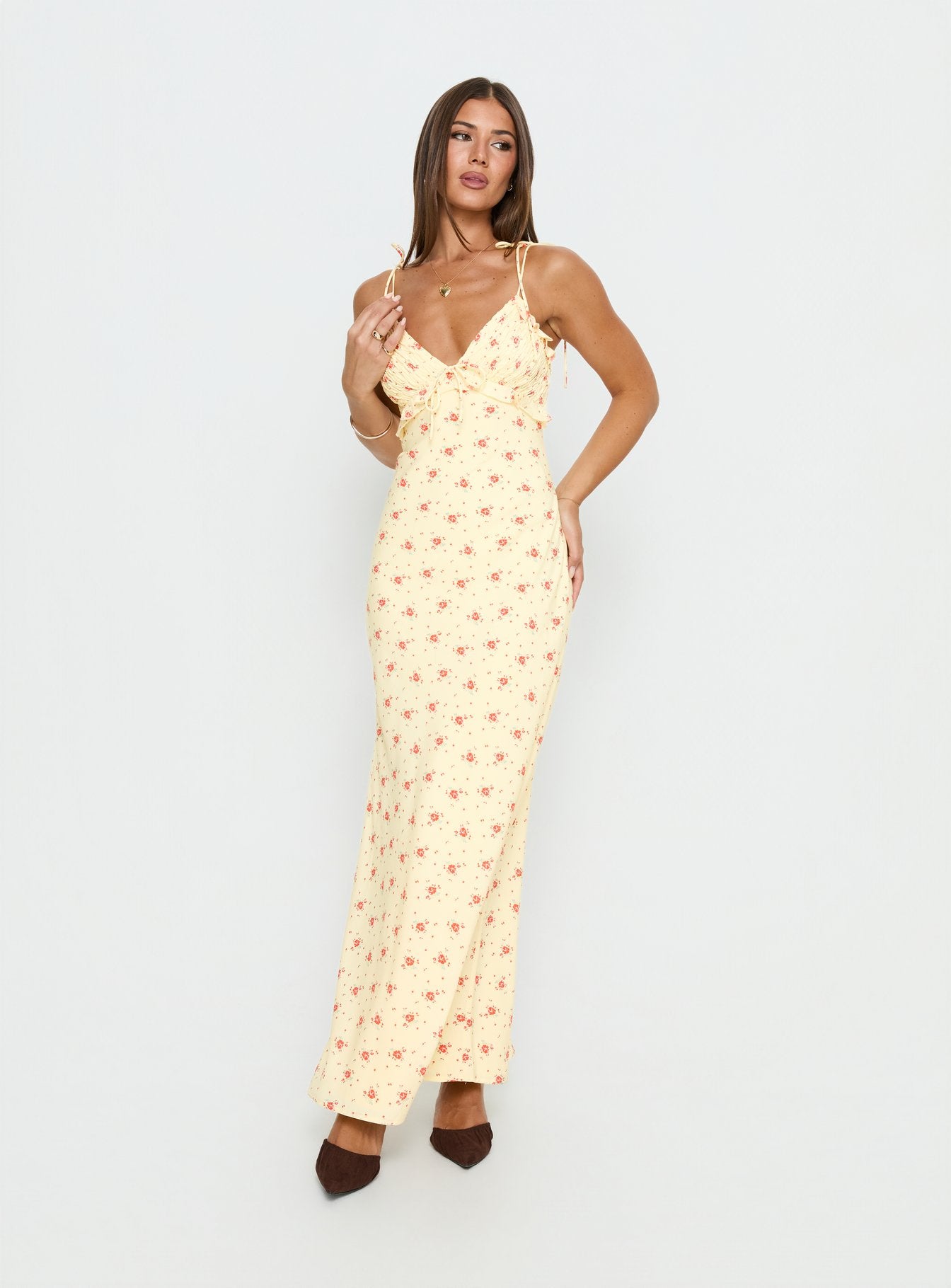 Morcar Frill V Neck Maxi Dress Yellow Floral - Image 2