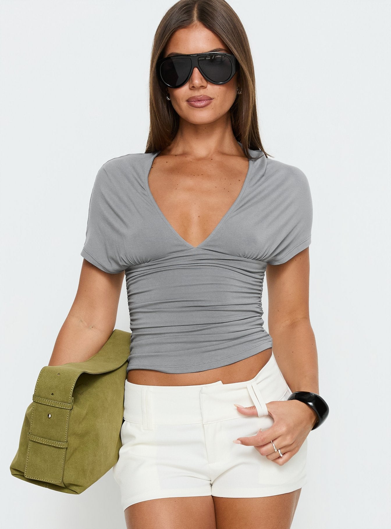 Osari Ruched Short Sleeve Jersey Top Grey - Image 2