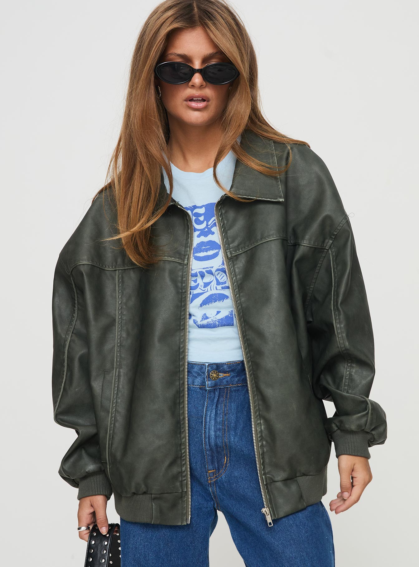 Goldsmith Faux Leather Bomber Jacket Washed Forest - Image 3