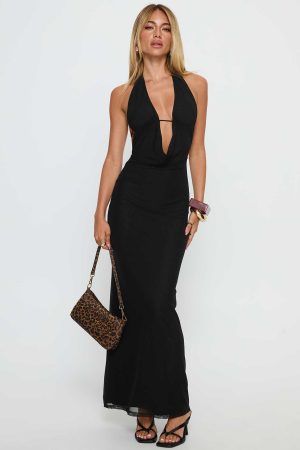 Stroke of Fate Plunge Halter Maxi Dress Black