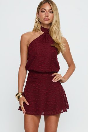 Eurythmic Scarf Halter Mini Dress Burgundy Jacquard