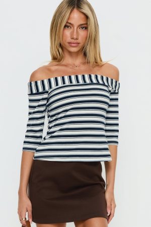 Shaylla Off Shoulder 3/4 Sleeve Top Blue Stripe