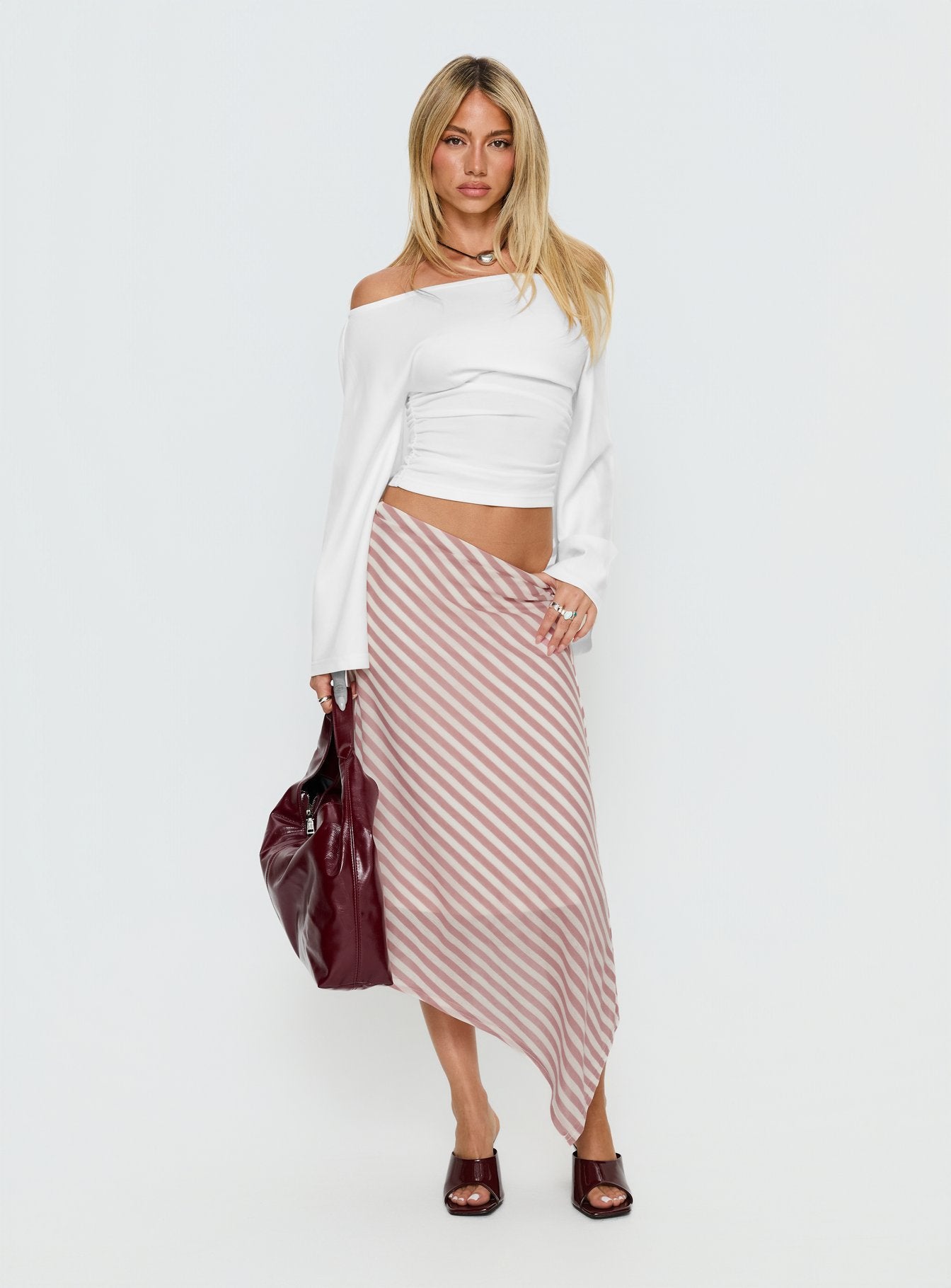 Gwenora Asymmetrical Midi Skirt Pink Stripe - Image 2