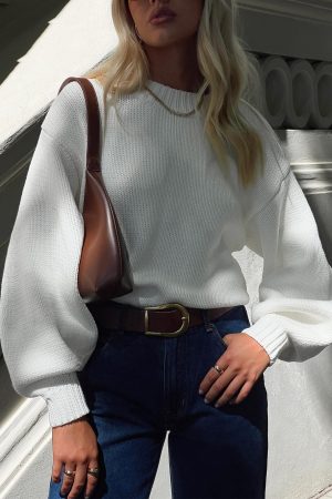 Harmony Balloon Sleeve Knit Sweater White