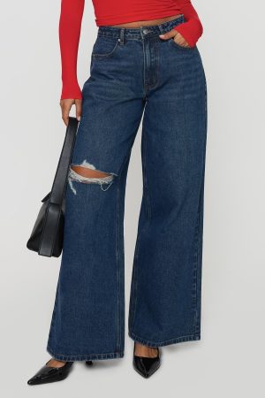 Naylor Rip Mid Rise Wide Leg Jeans Dark Blue Wash
