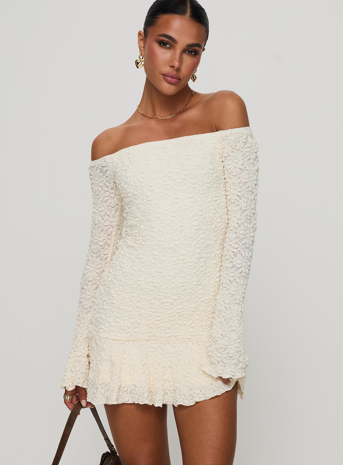 Vancesca Off Shoulder Long Sleeve Mini Dress Cream - Image 2