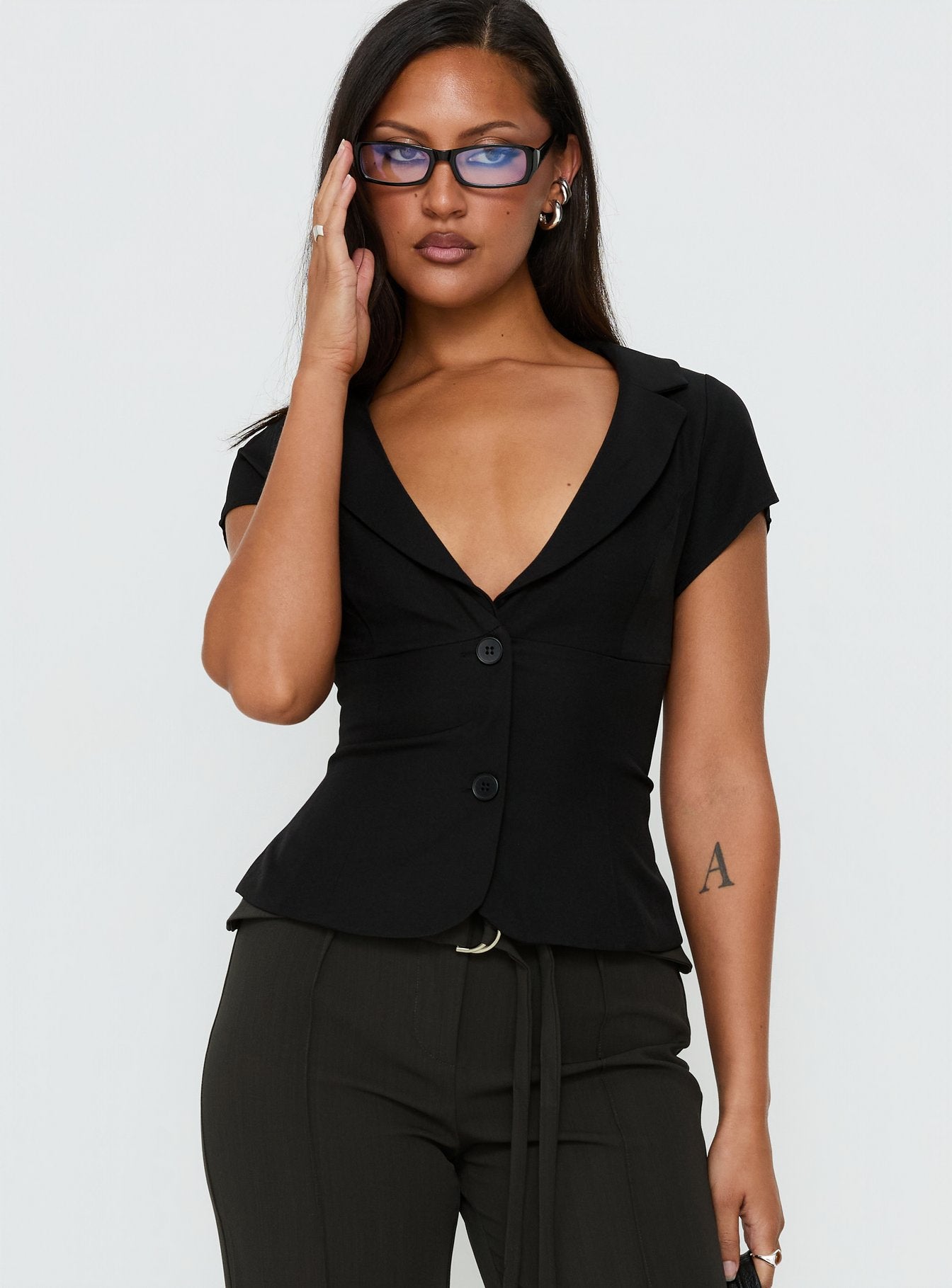 Alexandrea Plunge Button Up Top Black - Image 2