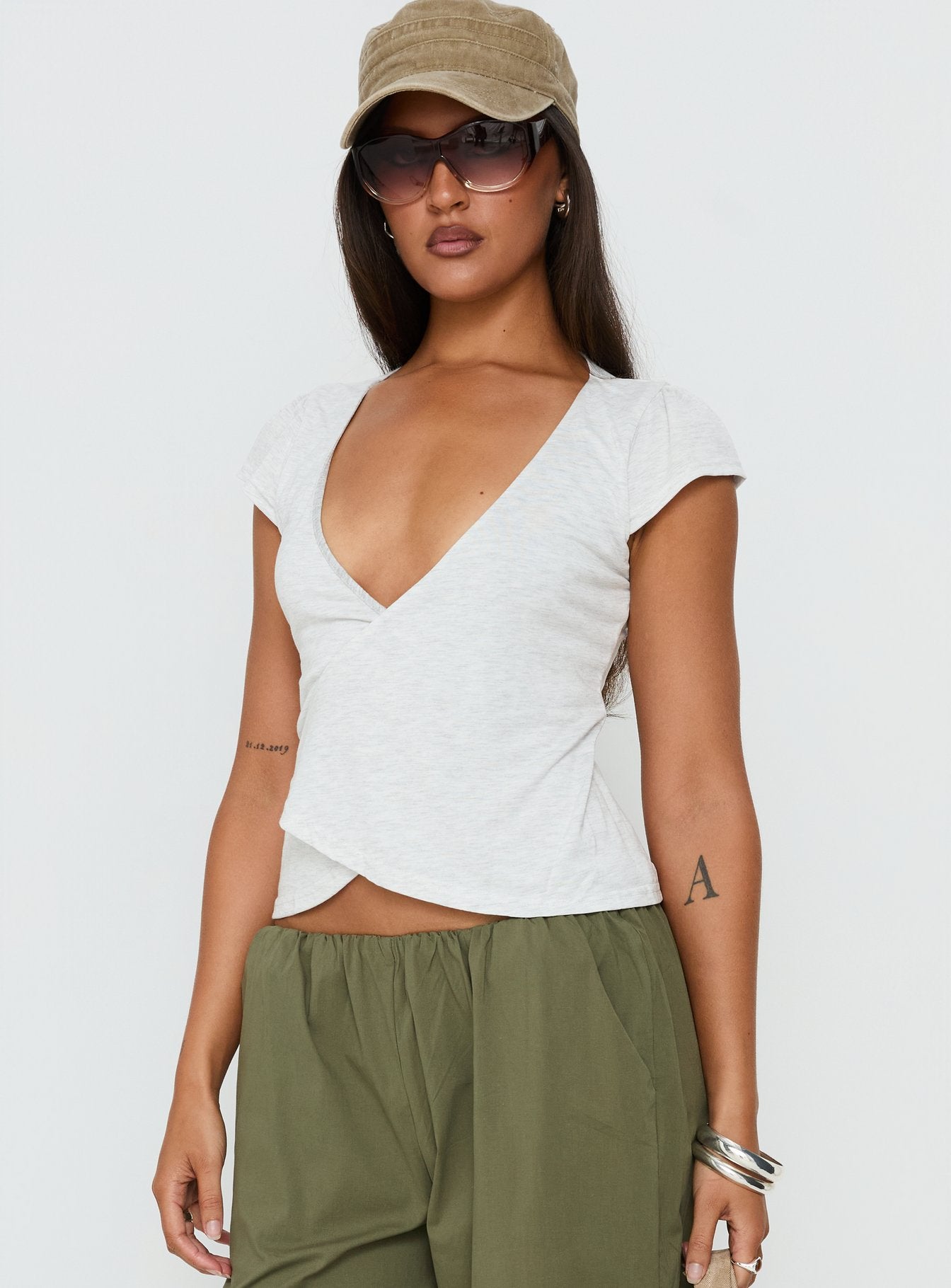 Stefanee Short Sleeve Wrap Top Light Grey Marle - Image 2