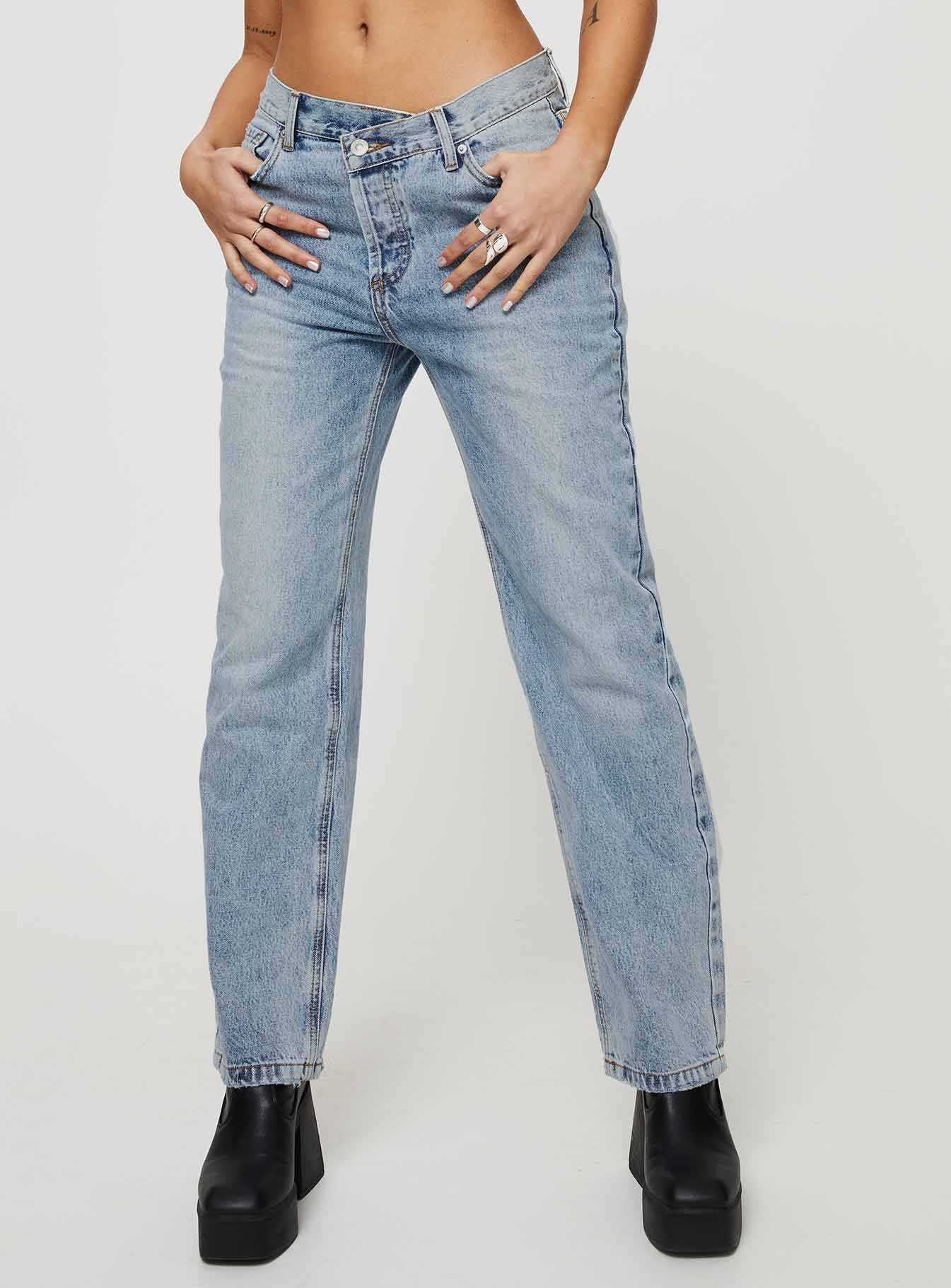 Holly Mid Rise Straight Leg Asymmetric Jean Light Wash Denim - Image 2