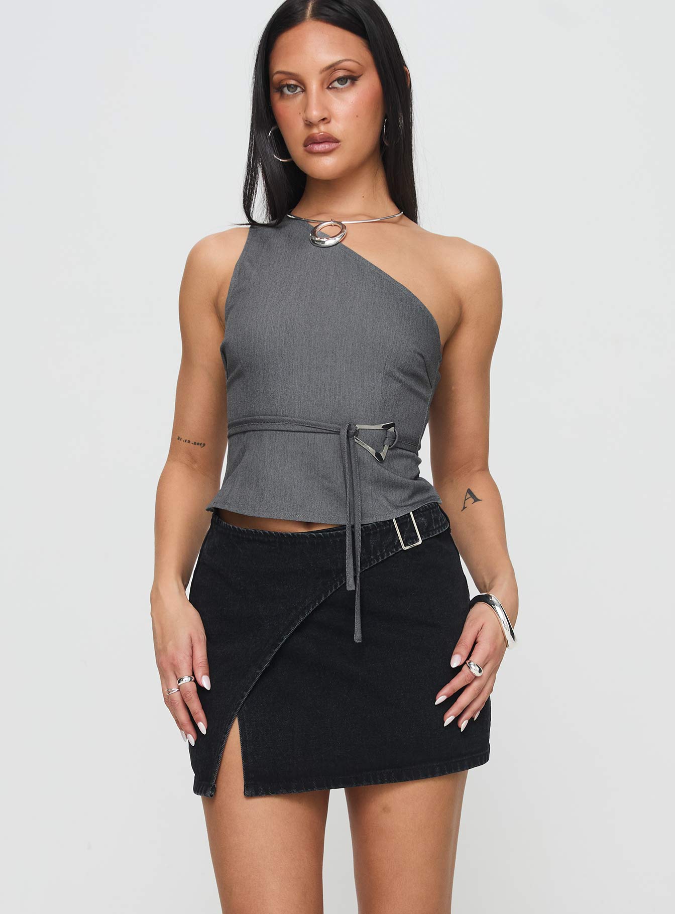 Wait Up Denim Wrap Mini Skirt Washed Black - Image 2
