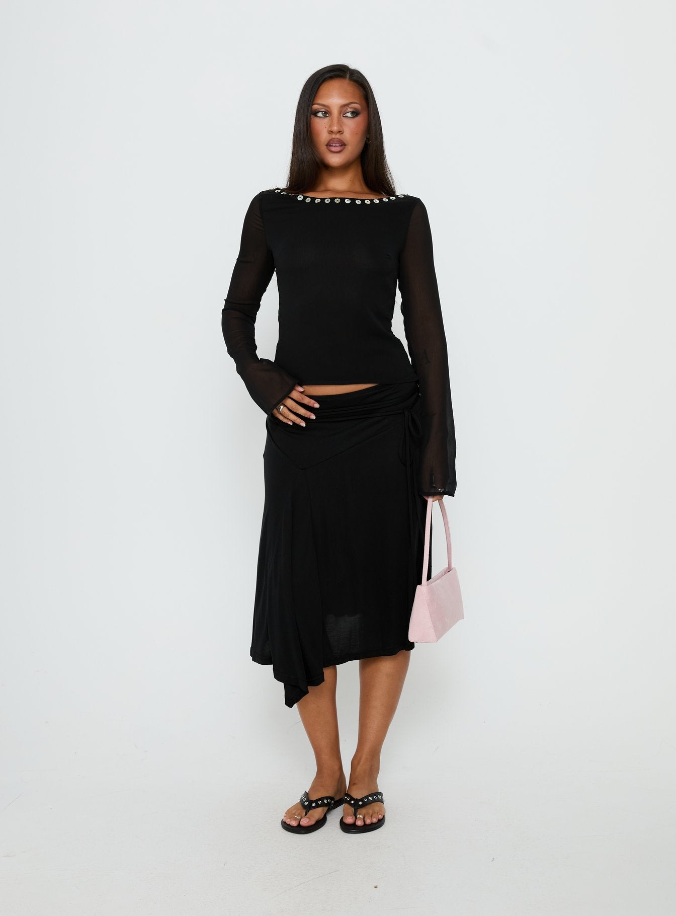 Joaney Tie Side Jersey Midi Skirt Black - Image 2