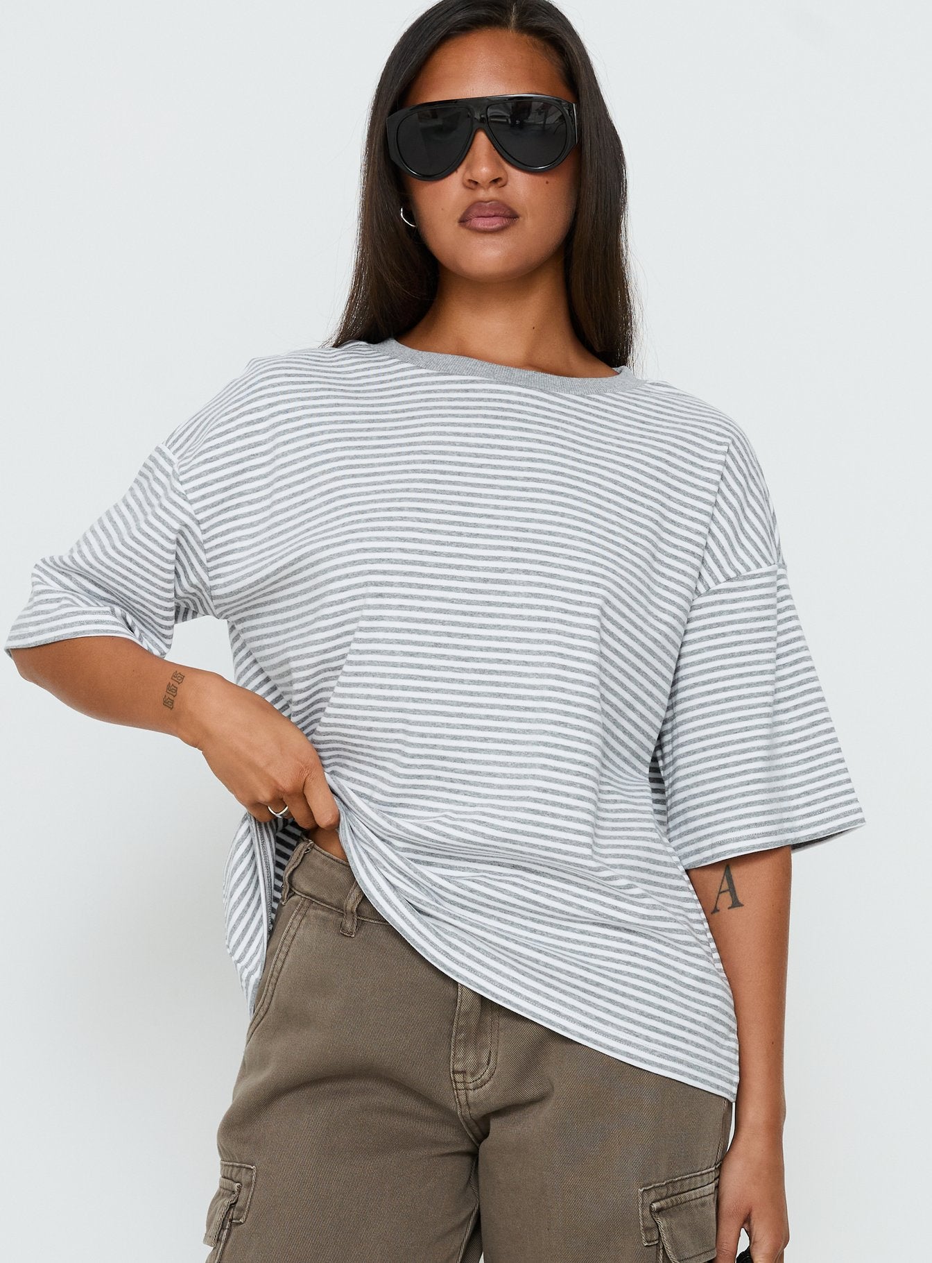 Settle Down Short Sleeve Top Grey / White Stripe - Image 2