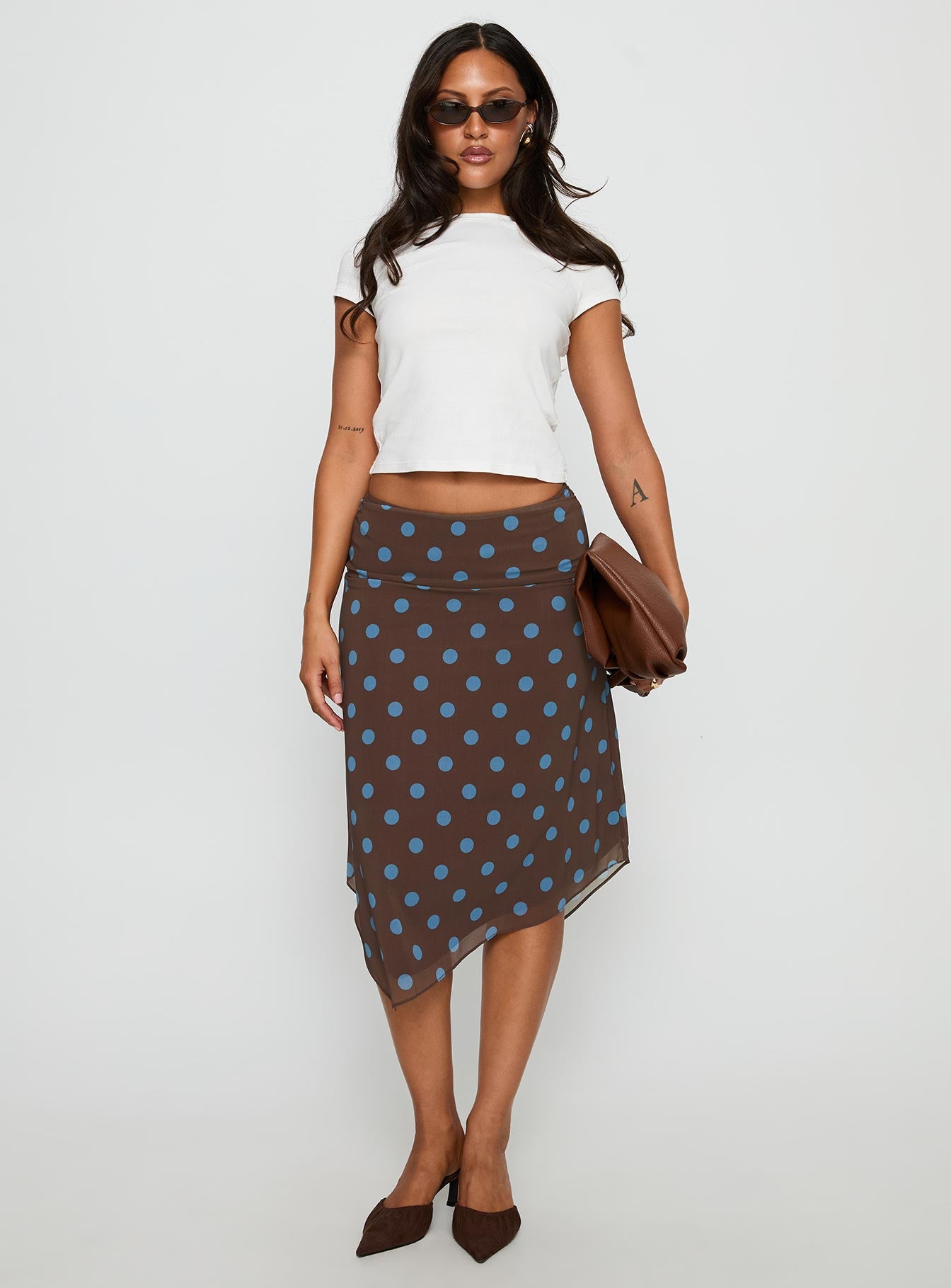 Daphene Asymmetrical Midi Skirt Brown / Blue Polka Dot - Image 2