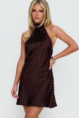 Primevere Halter Mini Dress Burgundy Polka Dot