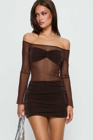 Briseida Mesh Long Sleeve Mini Dress Chocolate