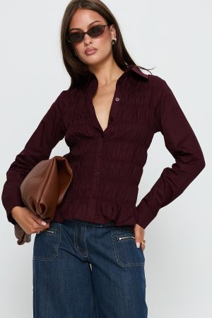 Cultivate Shirred Long Sleeve Top Plum