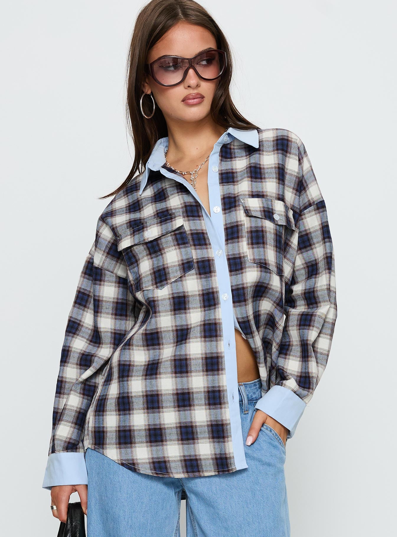 Walda Contrast Flannel Shirt Blue Check - Image 2