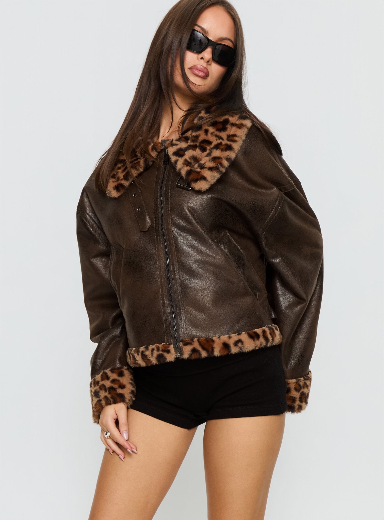 Brandyn Faux Fur Trim Jacket Brown / Leopard - Image 2