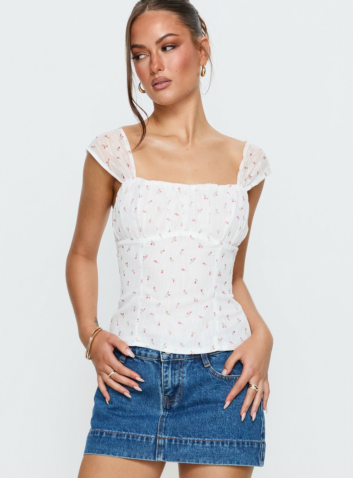 Orvena Square Neck Top White Floral - Image 2