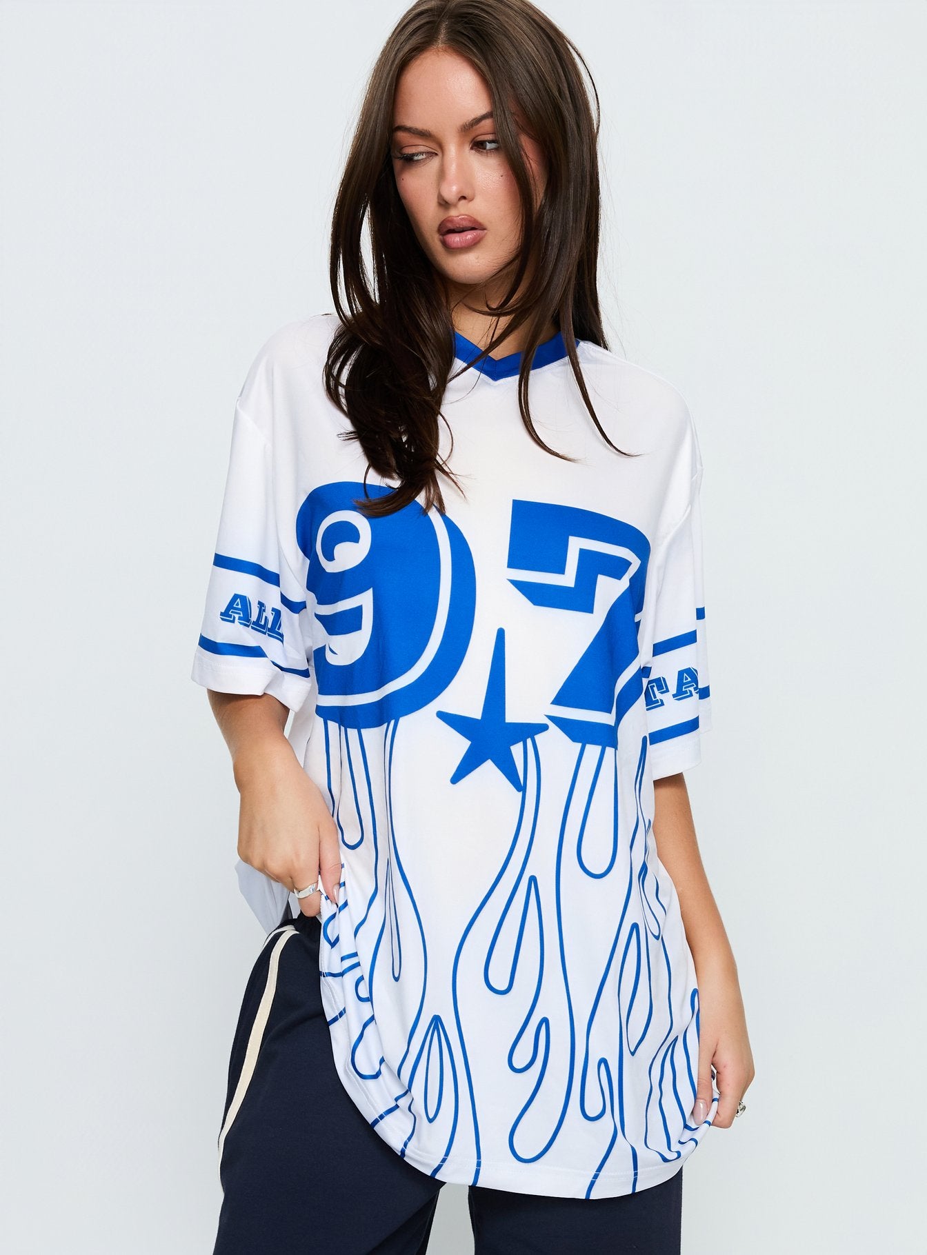 97 Sportstar Oversized Jersey Graphic Top White / Blue - Image 2