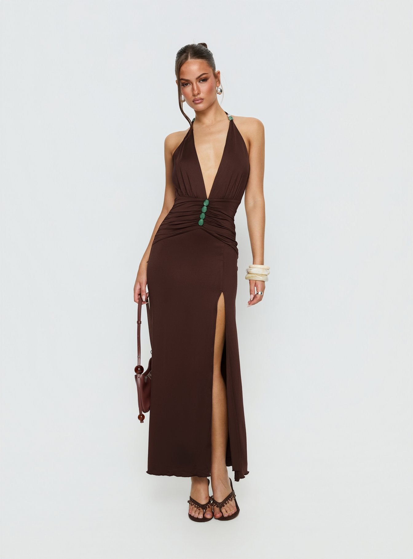 Sasami Halter Plunge Maxi Dress Chocolate - Image 2