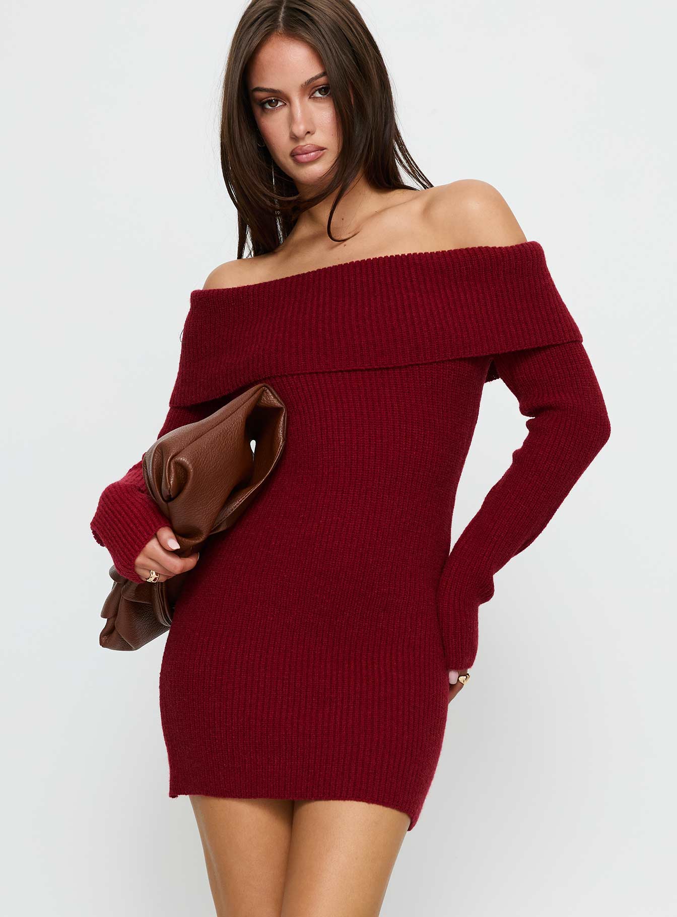 Noriko Long Sleeve Knit Mini Dress Burgundy - Image 2