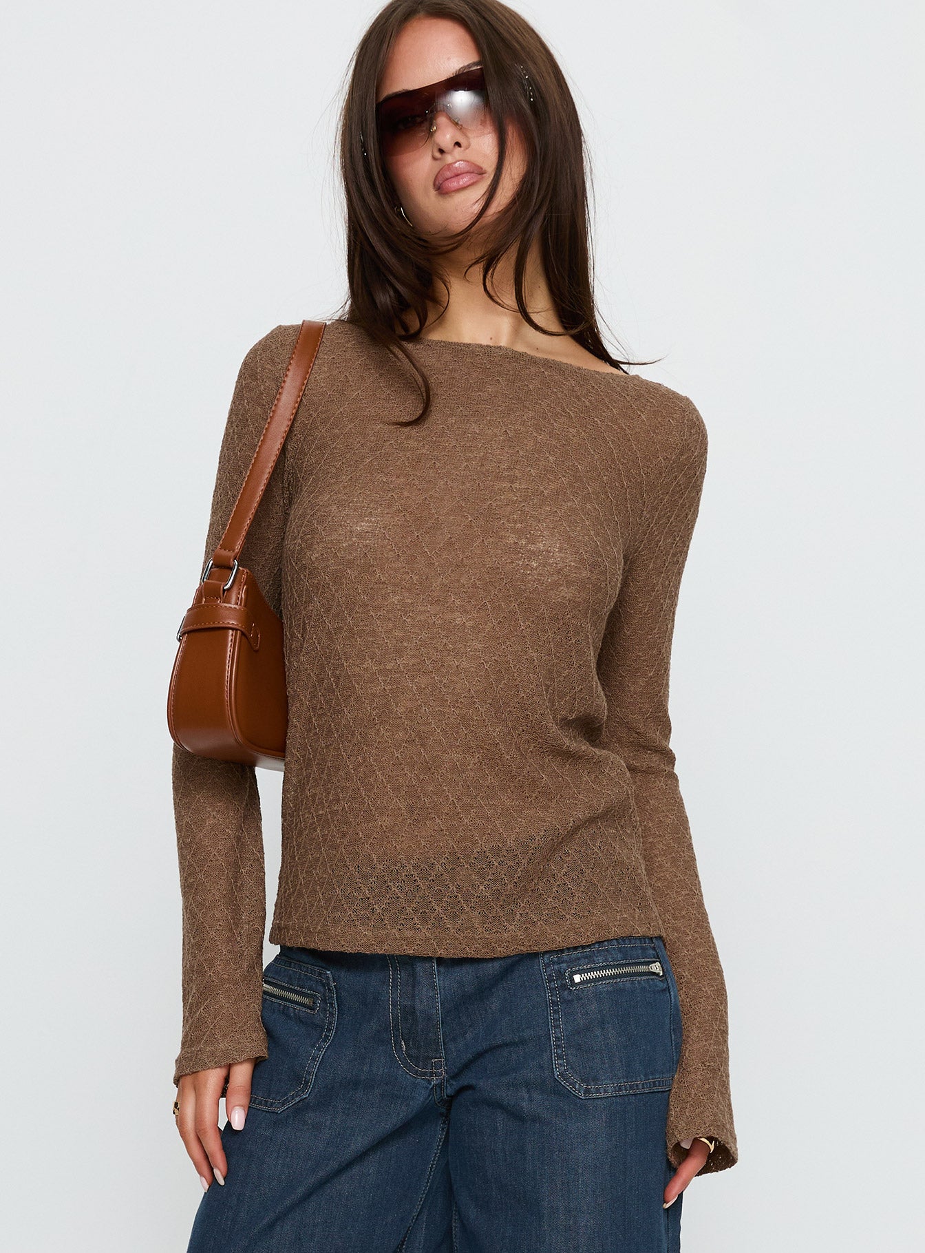 Tuppence Textured Long Sleeve Top Brown - Image 2