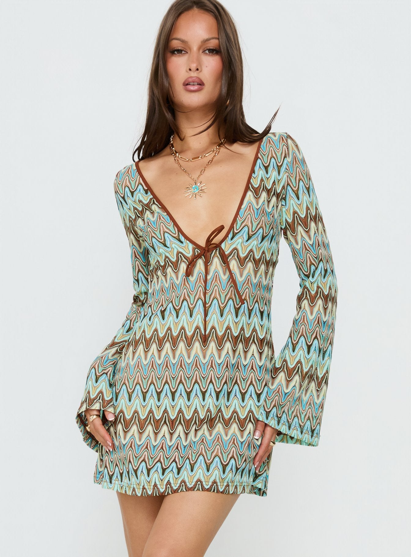 Rizario Long Sleeve Crochet Mini Dress Blue Multi - Image 2