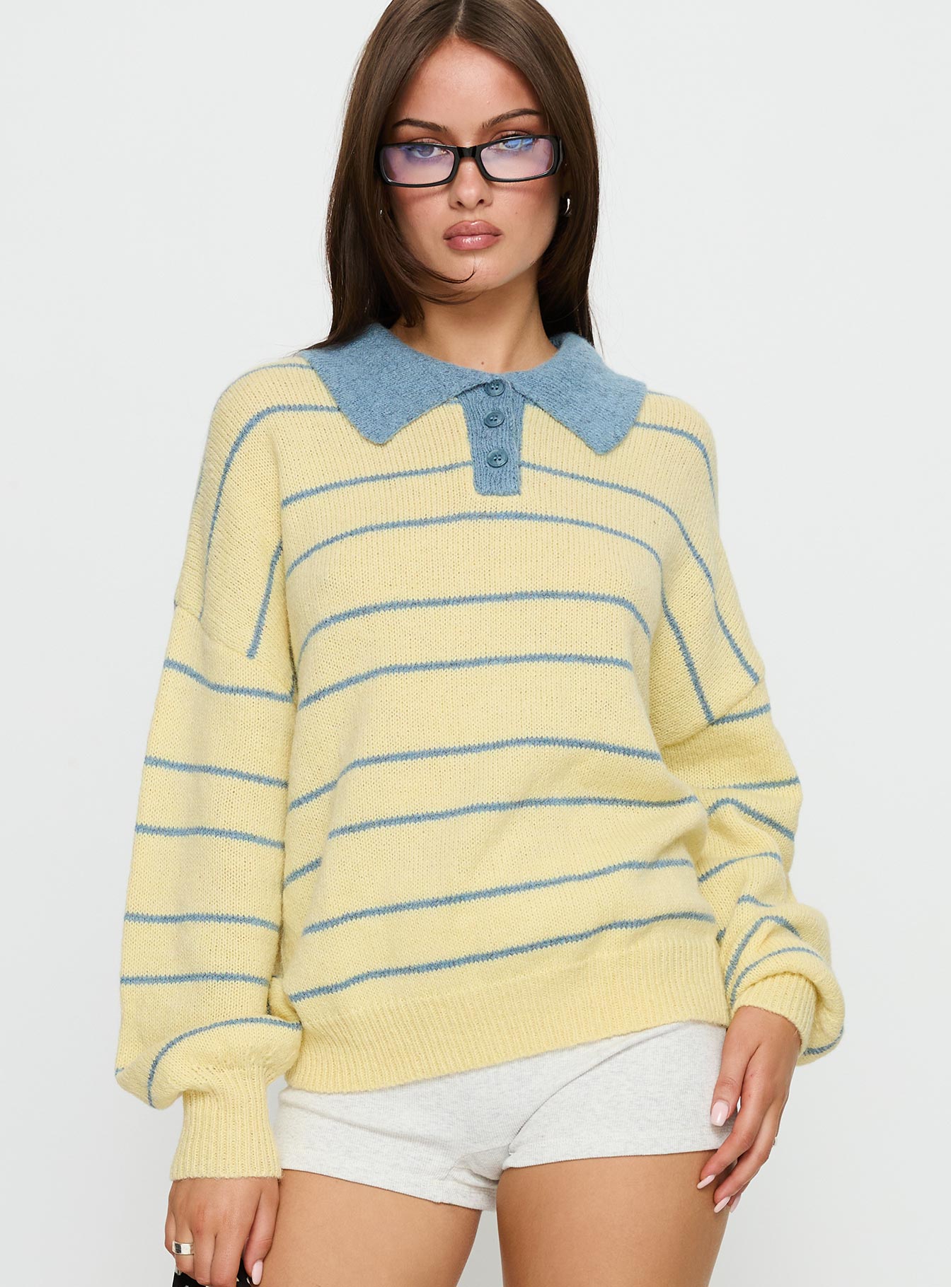 Minda Collared Knit Sweater Yellow Stripe - Image 2