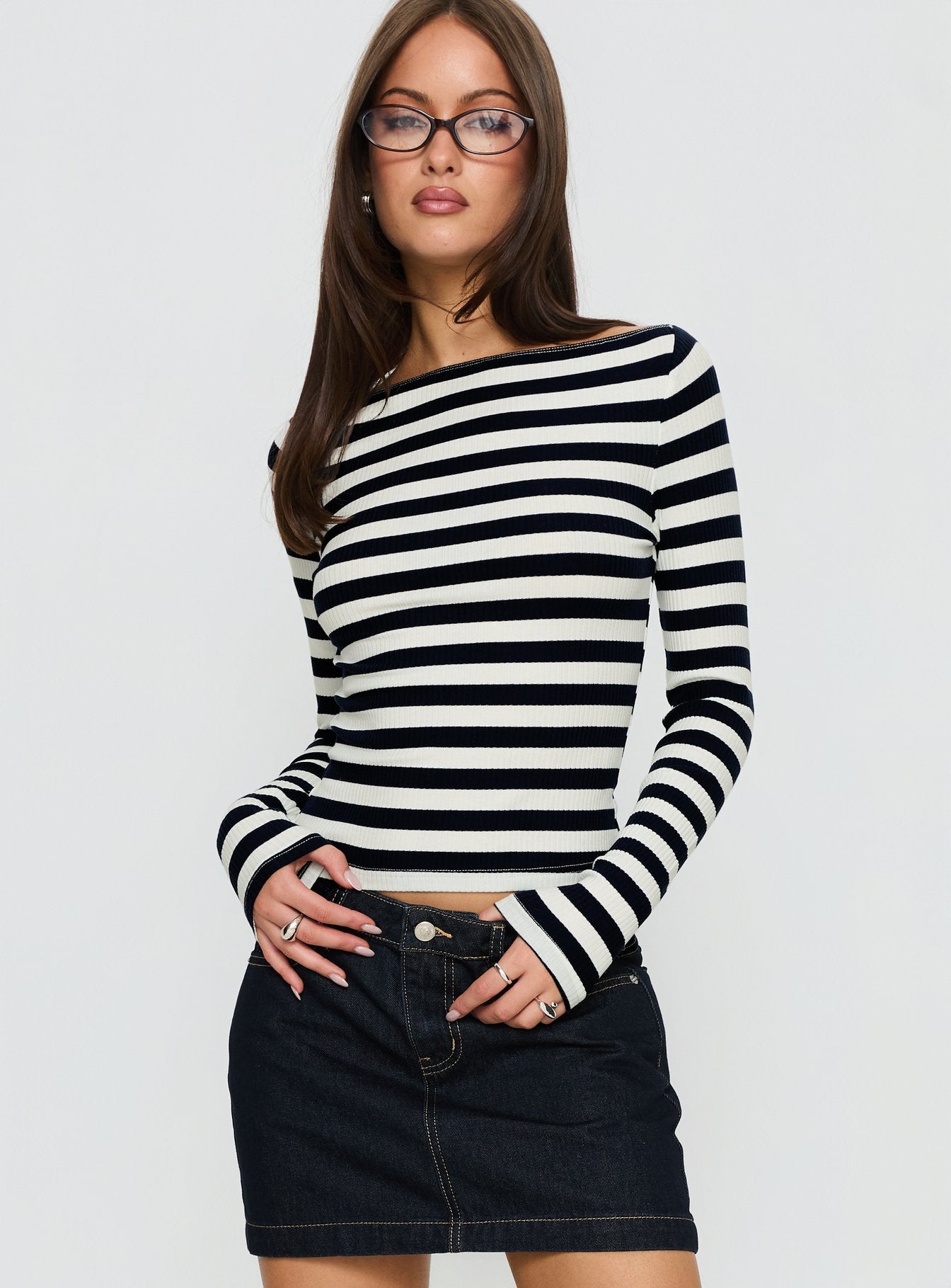 Tashana Long Sleeve Boat Neck Top Navy Stripe - Image 2