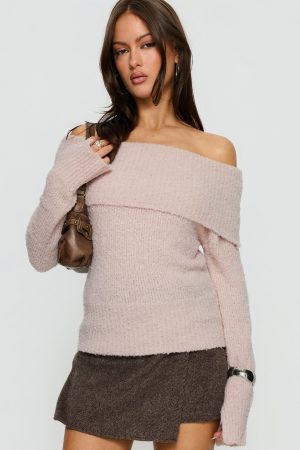 Clairissa Off Shoulder Knit Sweater Pink