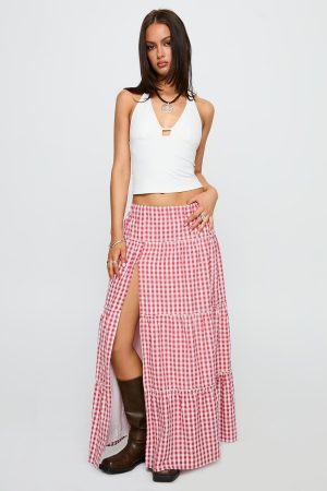 Ilaina Tiered Maxi Skirt Red Check