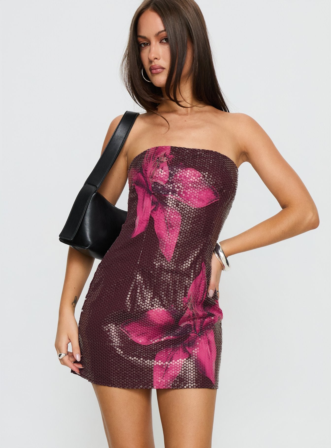 Desiri Strapless Sequin Mini Dress Brown / Pink Floral - Image 2