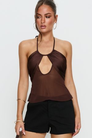 Whisperer Halter Chiffon Top Brown