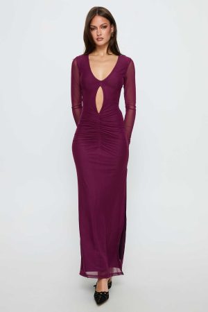Darkside Long Sleeve Cut Out Plunge Maxi Dress Plum